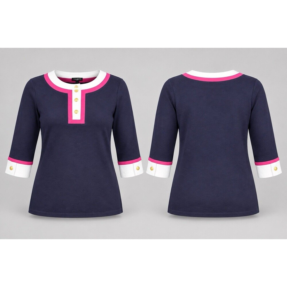 Talbots Women’s S Cotton Knit Colorblock Tunic Top Crew Neck Short Sleeve Button